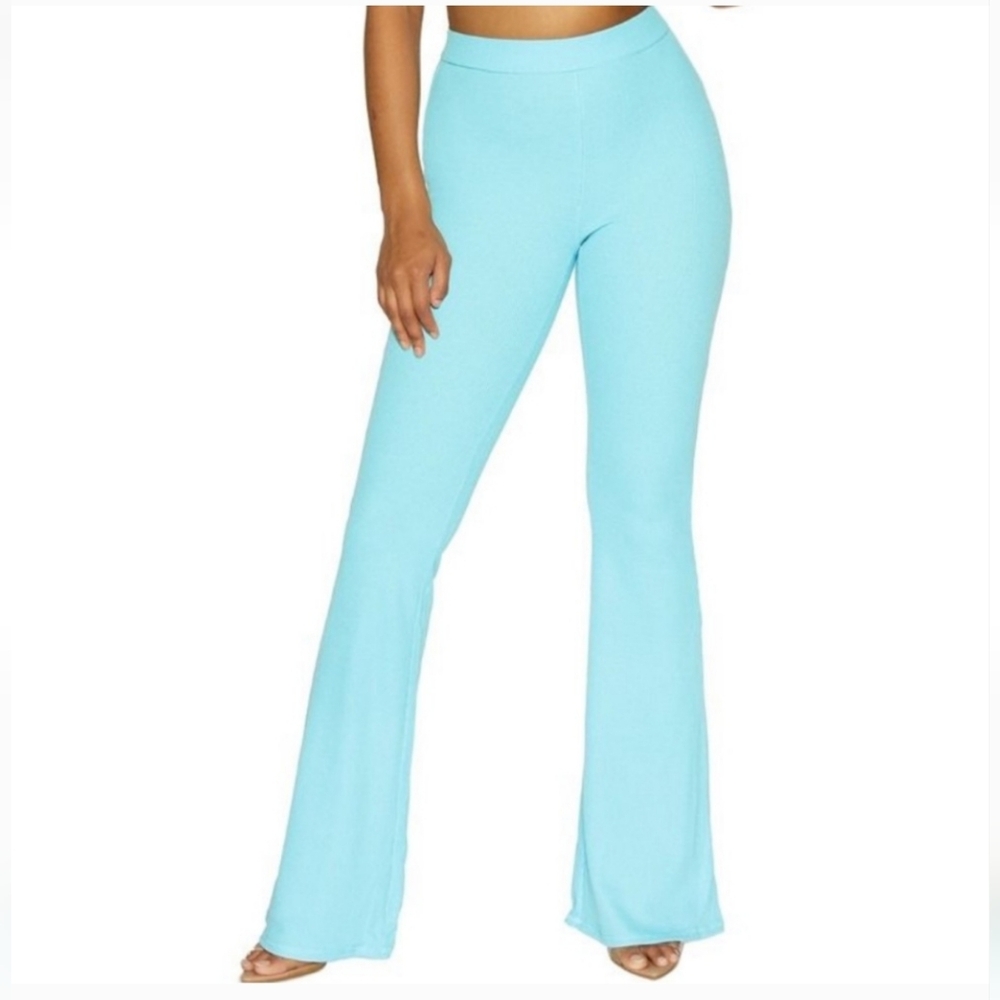 NWT Naked Wardrobe Sky Blue Waffle Knit Flared Pants. Size XS